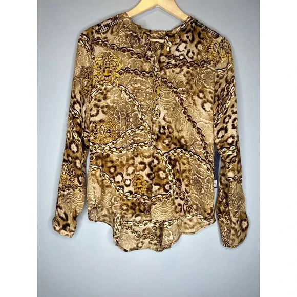 Jennifer Lopez JLO button down blouse top leopard rhinestone brown size Small - Picture 1 of 8